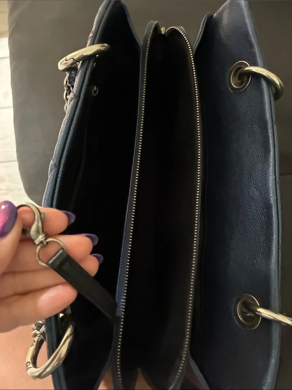 CHANEL Quilted Navy Leather Shoulder Bag with silver CC Charm